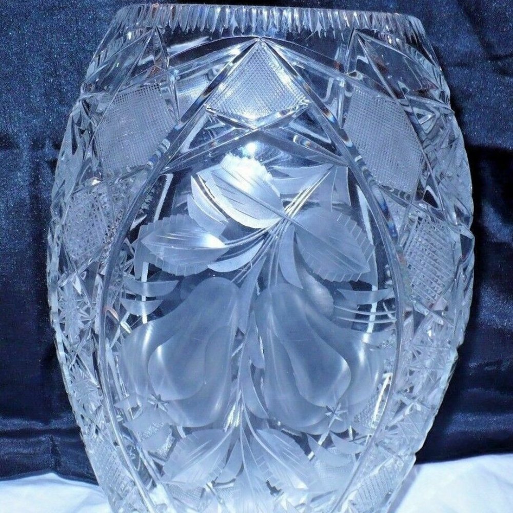 Vintage Bohemian Czech 6 lbs Crystal Vase Hand Cut Oval Etched